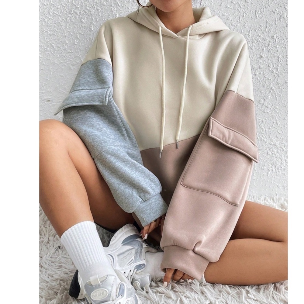 Cozy Color Block pockets Loose Fit Hoodie Sweatshirt Top XS S M L XL XXL
